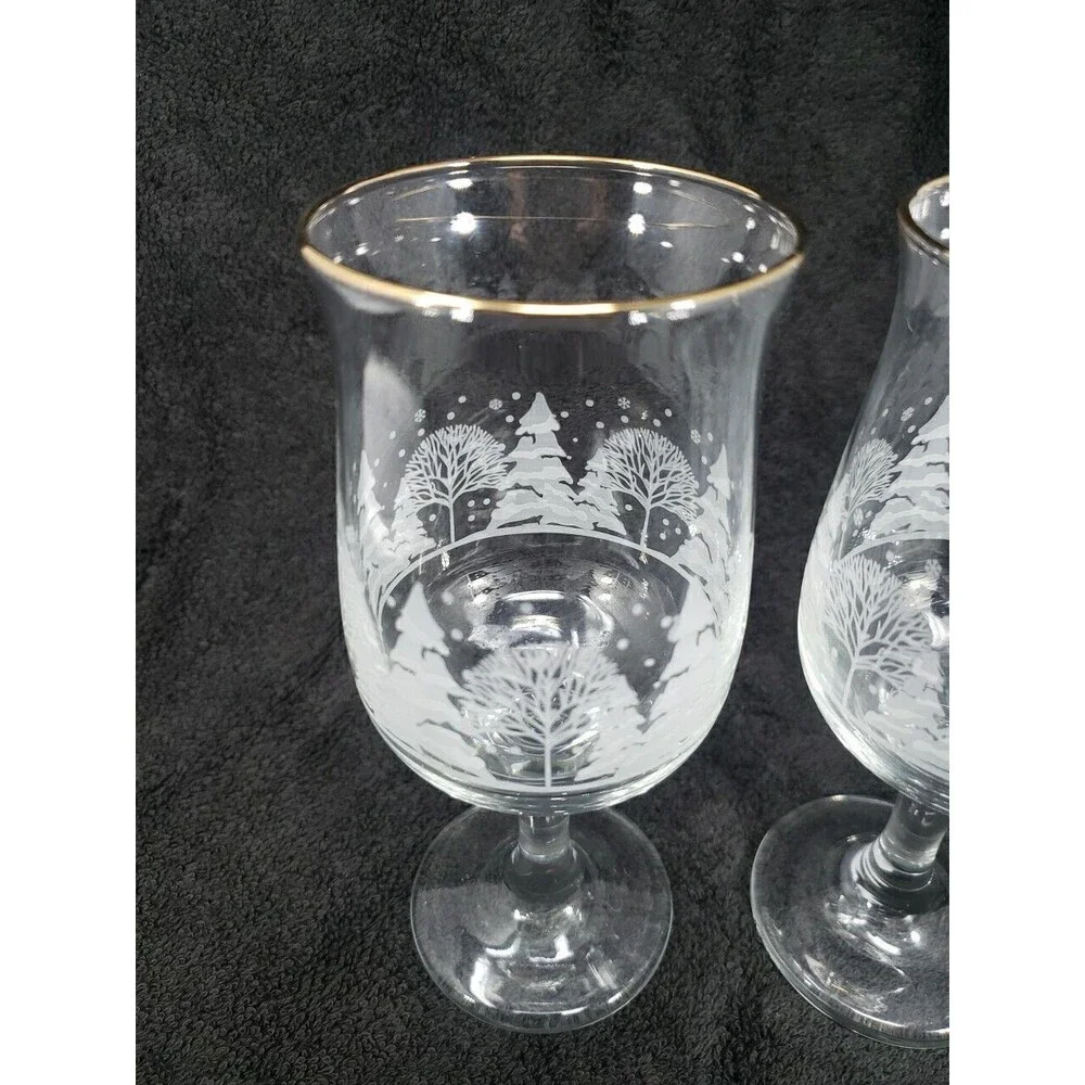 Arby's Libbey Glass Vintage Winter Wonderland Goblets Trees Snow Gold Rim 1980s